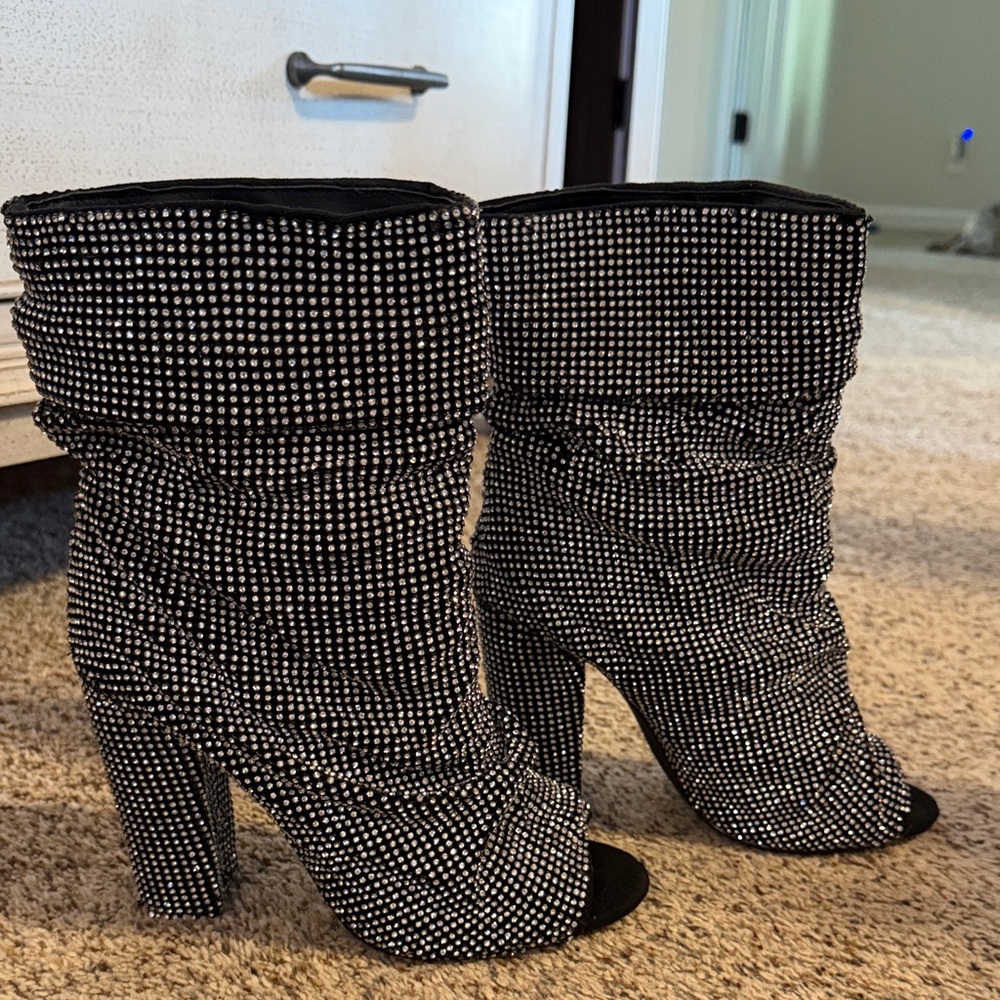Embellished Black Crystal Slouch Booties - Women